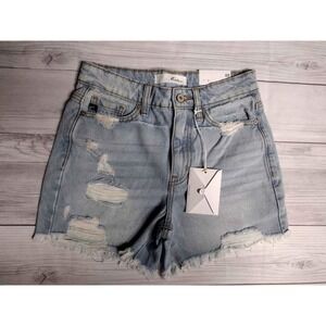 KanCan Distressed Denim Shorts High Rise Frayed Hem Light Wash XS